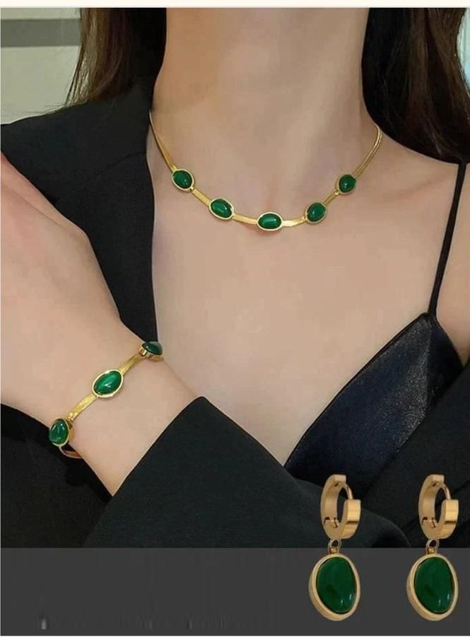 Buy Necklace Set & Get FREE Bracelet + Earrings | Oval Green Crystal