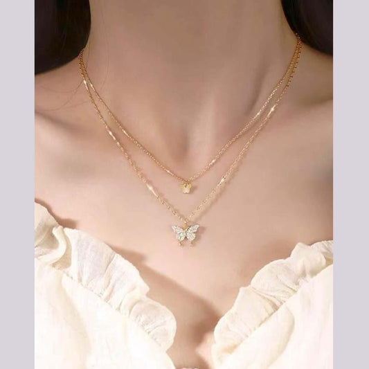 Double Layer Butterfly Necklace - Romantic Valentine's Gift for Her (Gold)