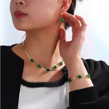 Buy Necklace Set & Get FREE Bracelet + Earrings | Oval Green Crystal