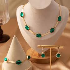 Buy Necklace Set & Get FREE Bracelet + Earrings | Oval Green Crystal