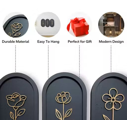 3 Piece Wooden Floral Wall Art Set | Modern Wall Decor for Living Room, Bedroom & Office | Elegant Home Decoration Panels